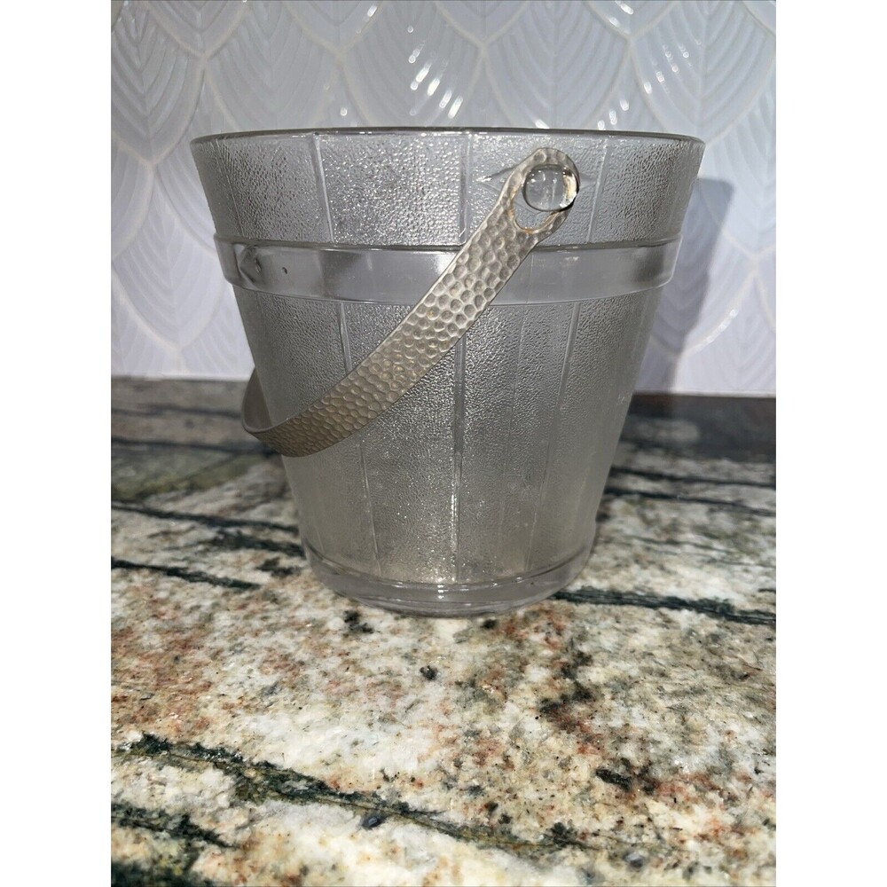 VTG Glass Ice Bucket with Hammered Metal Handle Barrel Pattern VTG Grannycore
